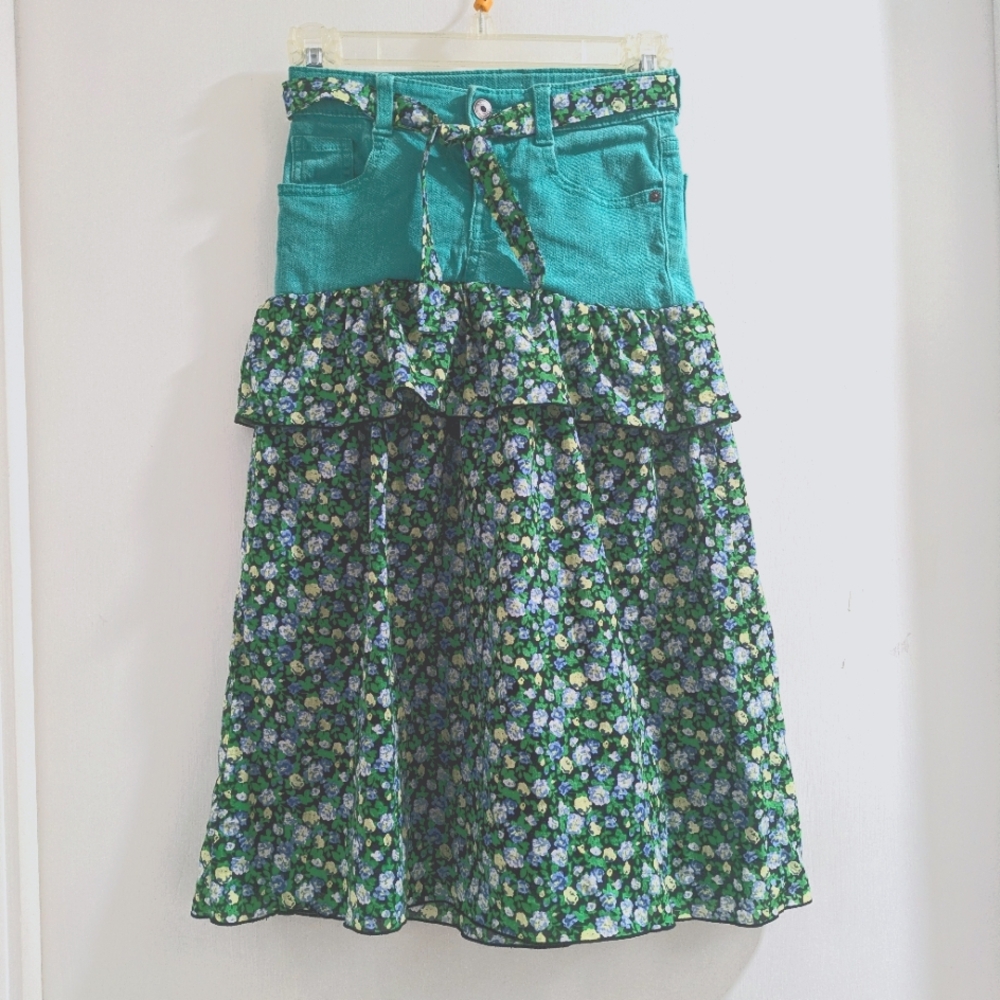 Girl's Sz 8 Upcycled Skirt/Green Jean Top with Green Print Tiered Skirt Tie Belt